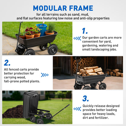 Yesker Garden Carts - 600lbs Dump Wagon with All Terrain Inflatable Wheels for Yard Lawn Farms Gardening - Heavy Duty Utility Outdoor Hauling Wheelbarrow