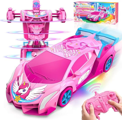 Unicorn Transform RC Cars for Girls Toys with Rainbow Eyes &amp Underbody Lights Fast 360°Rotation &amp 2.4GHz Robot Remote Control Car One-Button DeformationEaster Basket Stuffers for 3-12 Year O