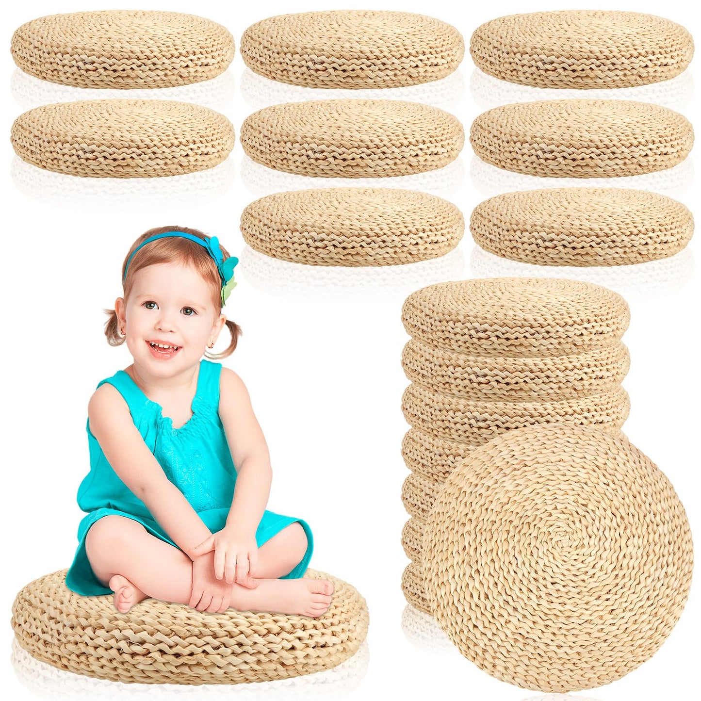 Barydat 8 Pcs Floor Cushions Round Large Pillow Seating Meditation Floor Pillow Boho Natural Woven Seat Cushion Japanese Tatami Cushion for Yoga Room Balcony Chair Pad, 15.75 Inch