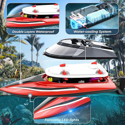BEZGAR RC Boat 14 inch Remote Control Boat - Self-righting 40 Min Dual-Battery 32 KPH Fast RC Boats for Kids &amp Adults with LED Lights for Pool Lake Ocean Waterproof &amp Suitcase - Red