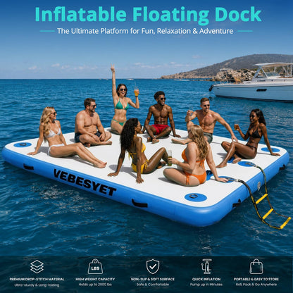 VEBESYET Inflatable Floating Dock with Soft Ladder, 6 inch Thick Non-Slip Inflatable Dock Floating Platform, Durable Drop-Stitch Inflatable Dock for Lake, Ocean, Swimming & Fishing