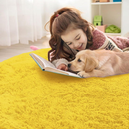 OLANLY Yellow Round Area Rug - Soft, Machine Washable 3 ft Shaggy Carpet for Bedroom & Living Room Decor
