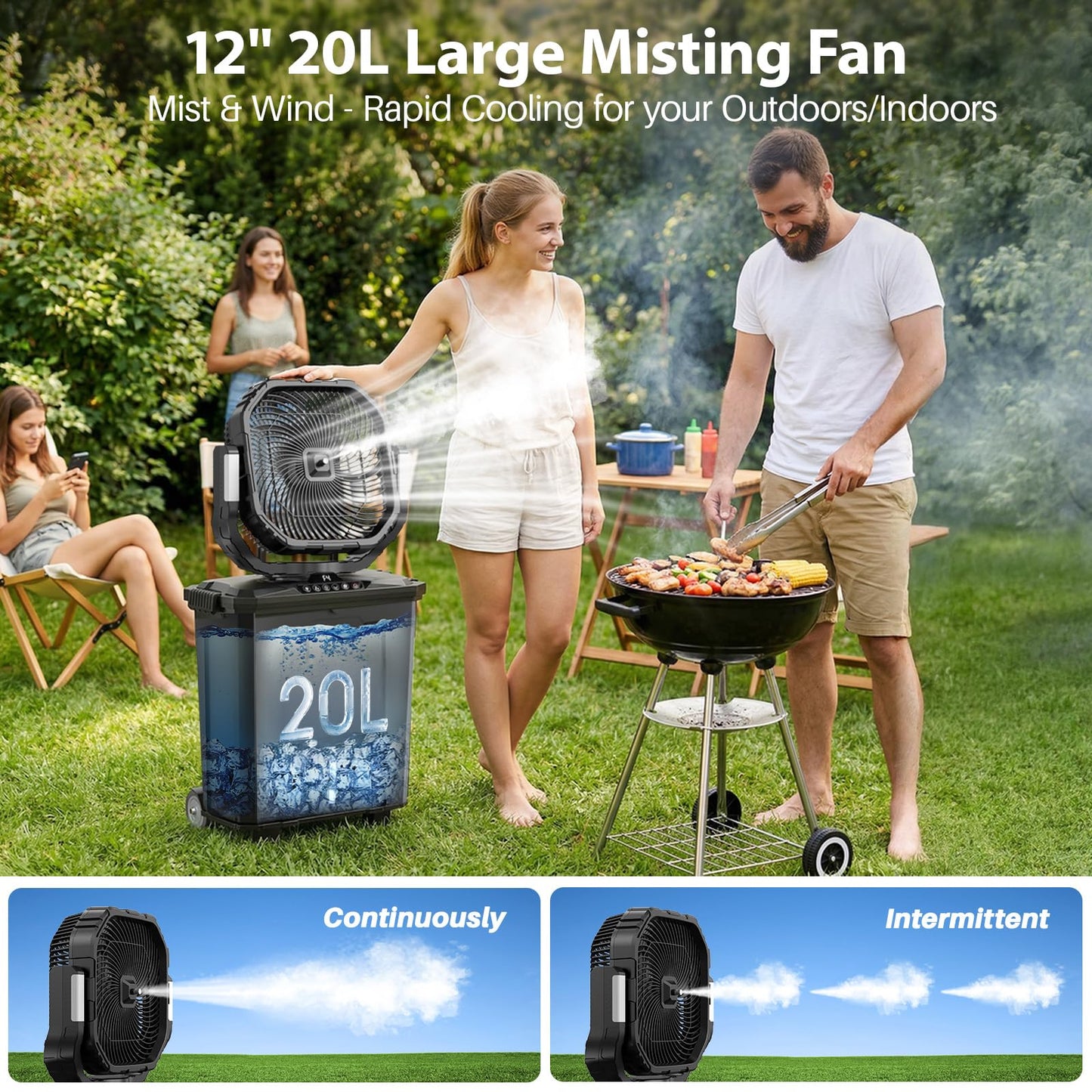 Ausic Outdoor Misting Fan for Outside, 5 Gal 12" Pro Portable Mister Fan with Water Box, 30000mAh Rechargeable Cooling Fan with Adapter, LED Light, Telescopic Handle, Patio/Sports/Camping Essentials