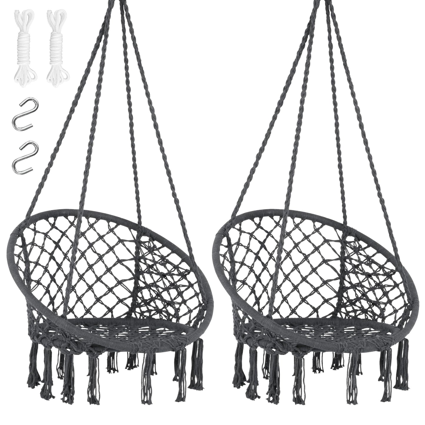 SUNCREAT Hammock Chair Hanging Macrame Swing with Hardware Kits, Max 330 Lbs, Handmade Knitted Mesh Rope Swing Chair for Indoor, Outdoor, Bedroom, Patio, Yard, Garden, Pack of 2, Grey