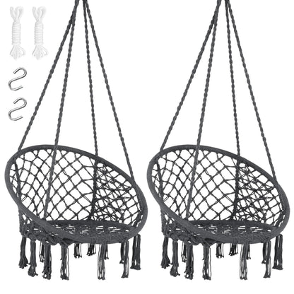 SUNCREAT Hammock Chair Hanging Macrame Swing with Hardware Kits, Max 330 Lbs, Handmade Knitted Mesh Rope Swing Chair for Indoor, Outdoor, Bedroom, Patio, Yard, Garden, Pack of 2, Grey