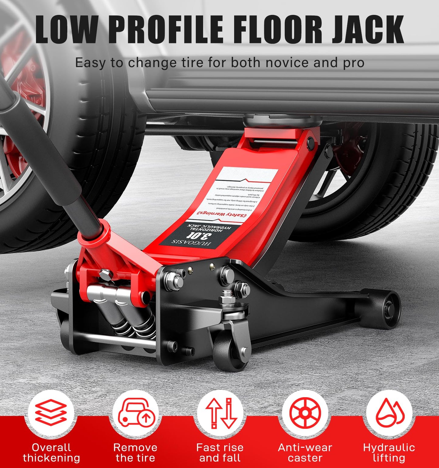 HUGOASIS 3 Ton Low Profile Hydraulic Floor Jack, Dual Pump Quick Lift, 2.95"-19.88" Lifting Range, Heavy Duty Alloy Steel with 360° Swivel Wheels for Sedan, SUV, Truck, Garage Auto Repair