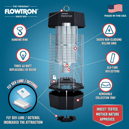 Flowtron Indoor/Outdoor Fly Control, 2000 sq.ft Indoor & 2 Acre Outdoor Insect Control with Dual Lure Method, 120W UV Light & Fly Sex Lure/Octenol for Flies and Mosquitoes, UL Certified