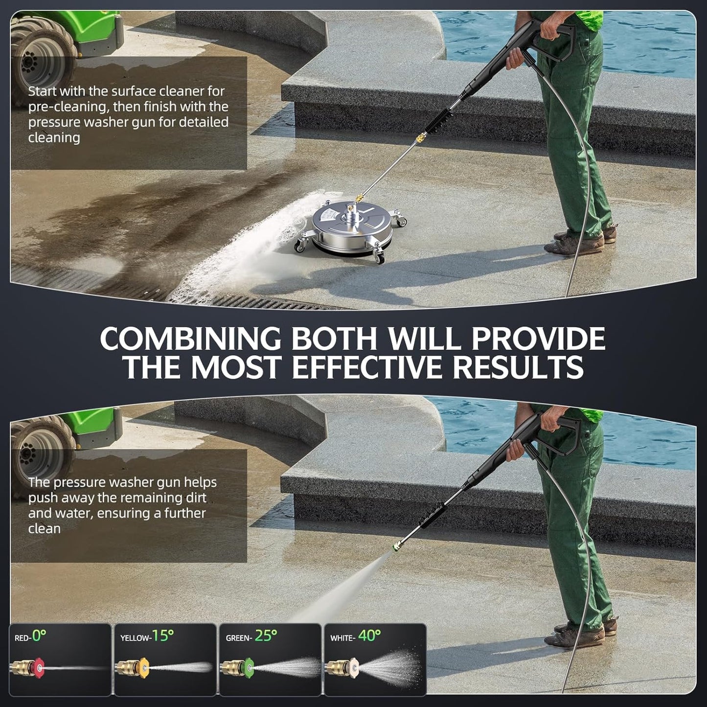 14" Pressure Washer Surface Cleaner - 4500 PSI, Durable 304 Stainless Steel, 4 Universal Wheels & 2 Extended Wands