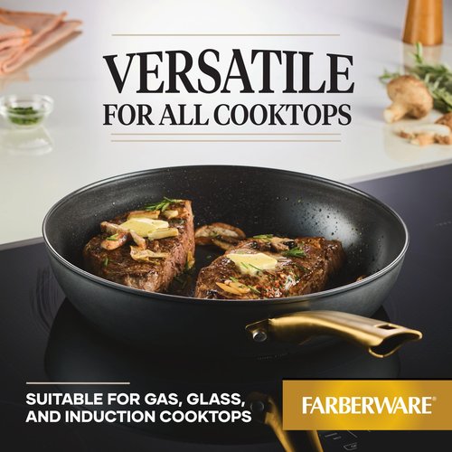 Farberware Forged Induction Ceramic Cookware Nonstick Frying Pan/Skillet, Dishwasher Safe, Suitable for All Stovetops, 12.25 Inch Fry Pan - Black and Gold