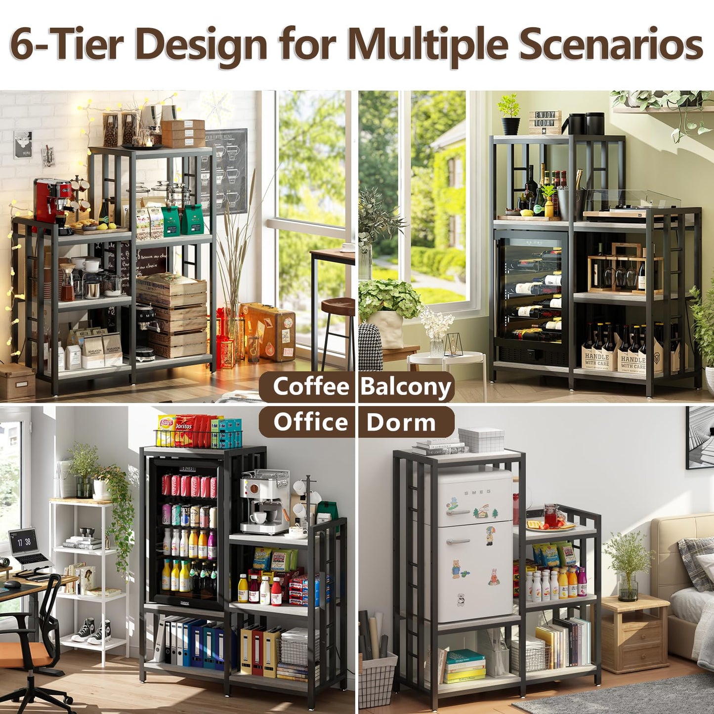 METYERRY6-Tier Adjustable Mini Fridge Cabinet With Power Outlet,Kitchen Bakers Rack With storage,Mini Fridge And Microwave Stand,Coffee Bar, Free Standing Shelf for Kitchen, Home Office,Balcony,Greige