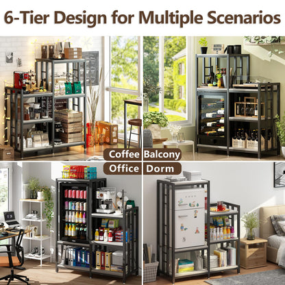 METYERRY6-Tier Adjustable Mini Fridge Cabinet With Power Outlet,Kitchen Bakers Rack With storage,Mini Fridge And Microwave Stand,Coffee Bar, Free Standing Shelf for Kitchen, Home Office,Balcony,Greige