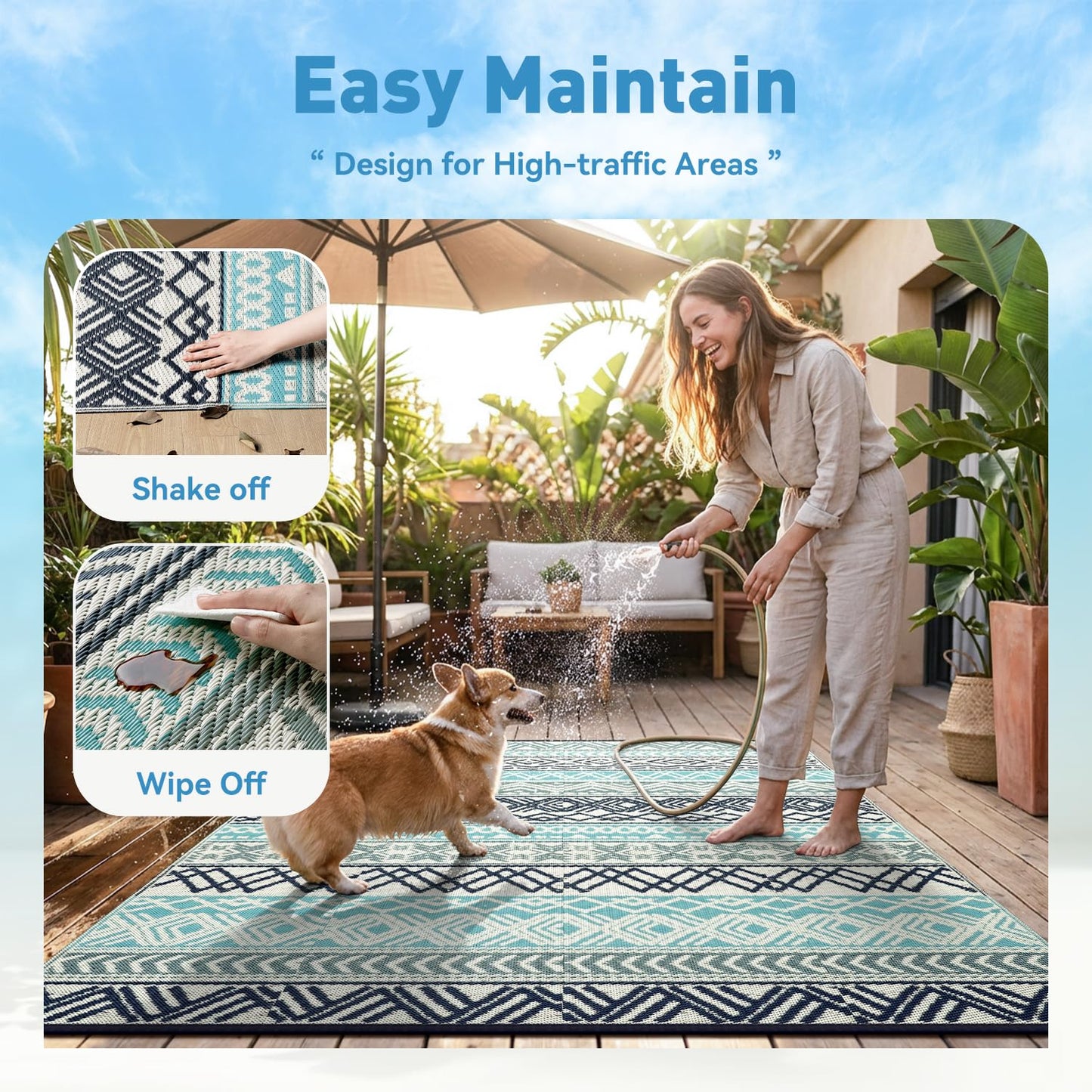 MontVoo Outdoor Rug Carpet Waterproof-Patio Rug Mat 10x14 Reversible RV Outdoor Camping Rugs Picnic Beach Mats Plastic Straw Outside Rugs for Balcony Porch Pool Deck Boho Patio Decor