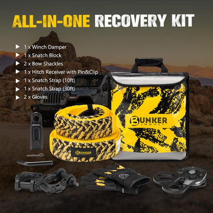BUNKER INDUST Off Road Recovery Kit, Includes 30ft+10ft Tow Strap, Snatch Block, D-Ring Shackles, Shackle Receiver, Gloves, Winch Dampener Bag, 4x4 Recovery Gear for for Trucks, SUVs, ATVs