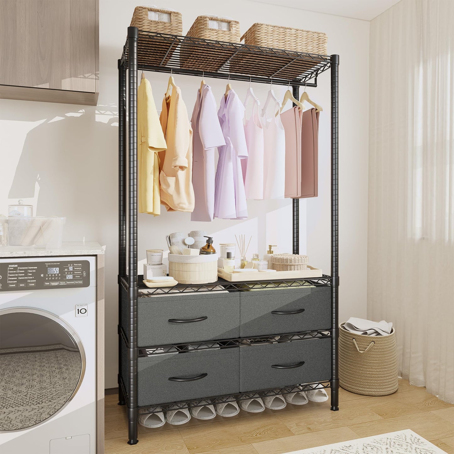 GarveeHome Portable Clothes Rack, Freestanding Garment Rack with 4 Fabric Drawers and Detachable Hang Rod, Metal Adjustable Closet Wire Clothing Racks, 35.4" Lx15.7 Wx71 H. Gray
