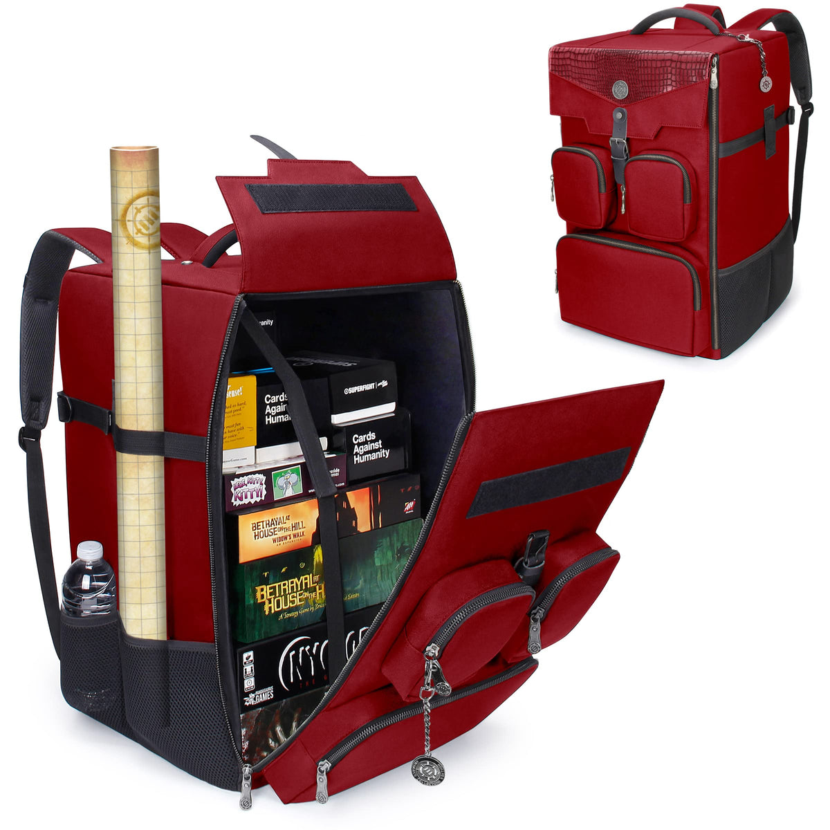 ENHANCE Collector's Edition Board Game Backpack - Reinforced Rigid Board Game Storage with Padded Shoulder Straps, Carrying Handle, and Accessories Pockets for Dice, Card Games, More (Dragon Red)