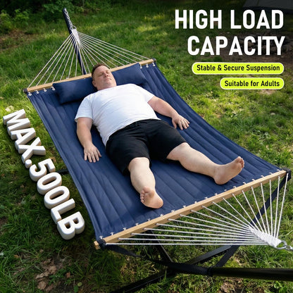 FULIYE Double Hammock with Stand for Outdoor，2 Person Heavy Duty Portable Hammock with Adjustable Steel Stand and Balance Ropes Included – for Patio, Backyard, Garden, Beach (Purplish Blue)
