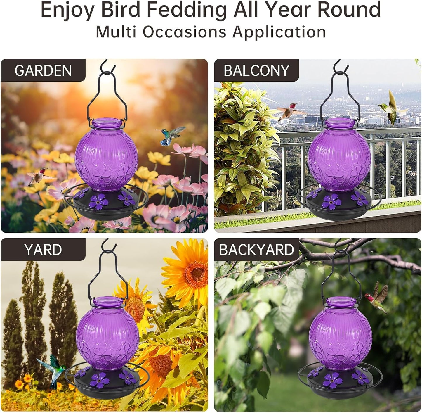 Skiennix Glass Hummingbird Feeder - 23oz Leak-Proof Outdoor Nectar Feeder with 5 Flower Ports | Purple Garden Decor Gift for Mom