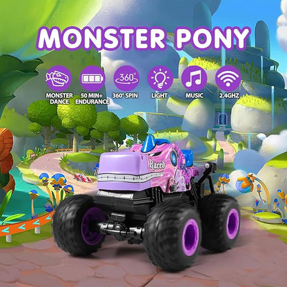 DYODYORC Remote Control Car 2.4Ghz All Terrain Monster Truck RC Truck with Music 3 Lighting Effects 360 Stunt Capable 2 Batteries Ready to Run Toy Gifts for Boys and Girls (Pink)