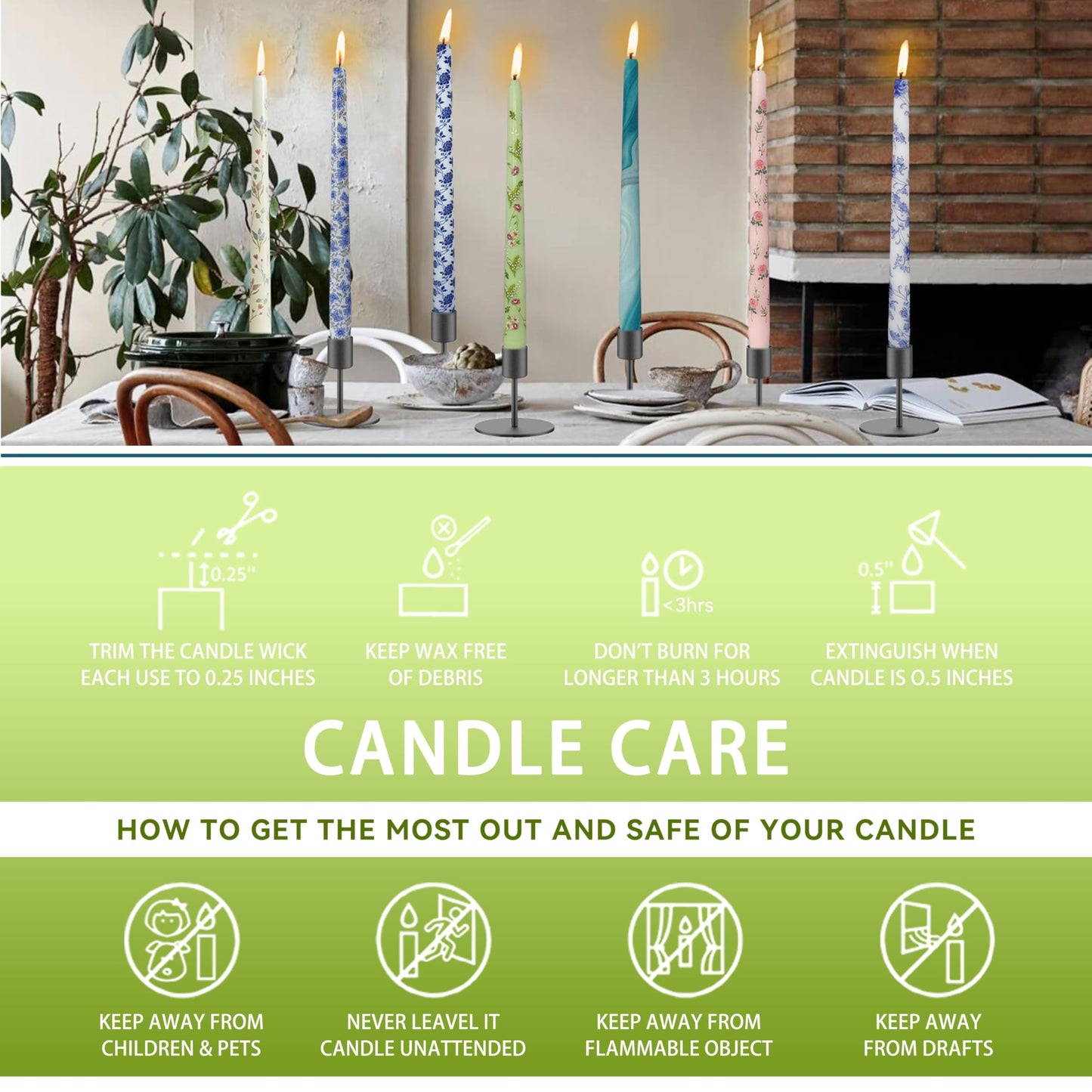 Scandinavian Tall Candle 10 in Green Printed Taper Candles Hand Printing Candlesticks Unscented Smokeless Tapered Candle Sticks for Home Decor Rustic Wedding Simple Modern, 4 Pack