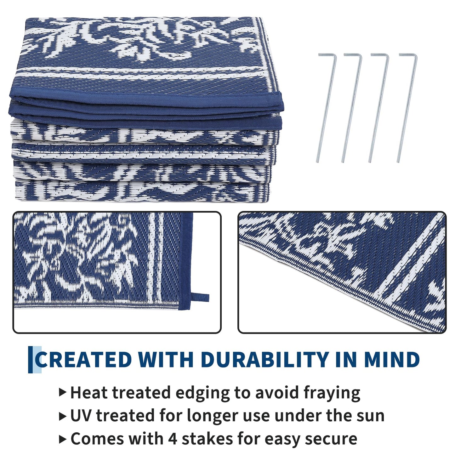 GarveeHome Outdoor Rug 9x18 Waterproof for Patio, Reversible Outdoor Plastic Straw Rug, Wallpaper Flower Indoor Outdoor Mat Carpet for RV, Camping, Deck, Backyard, Picnic, NavyWhite