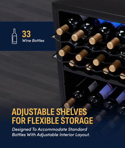NewAir 20" Dual Zone Wine Fridge for 33 Bottles | Freestanding Wine Cooler Refrigerator with Glass Door | Mirrored Shadow™ Door & Quiet Compressor Cooling | Black