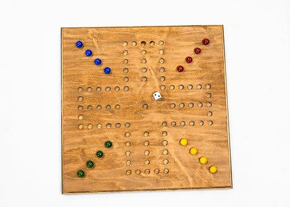 Handmade - Real Wood - Wahoo/Marbles 16x16 inch Board w/Marbles &amp dice - 4 Player (Stained)