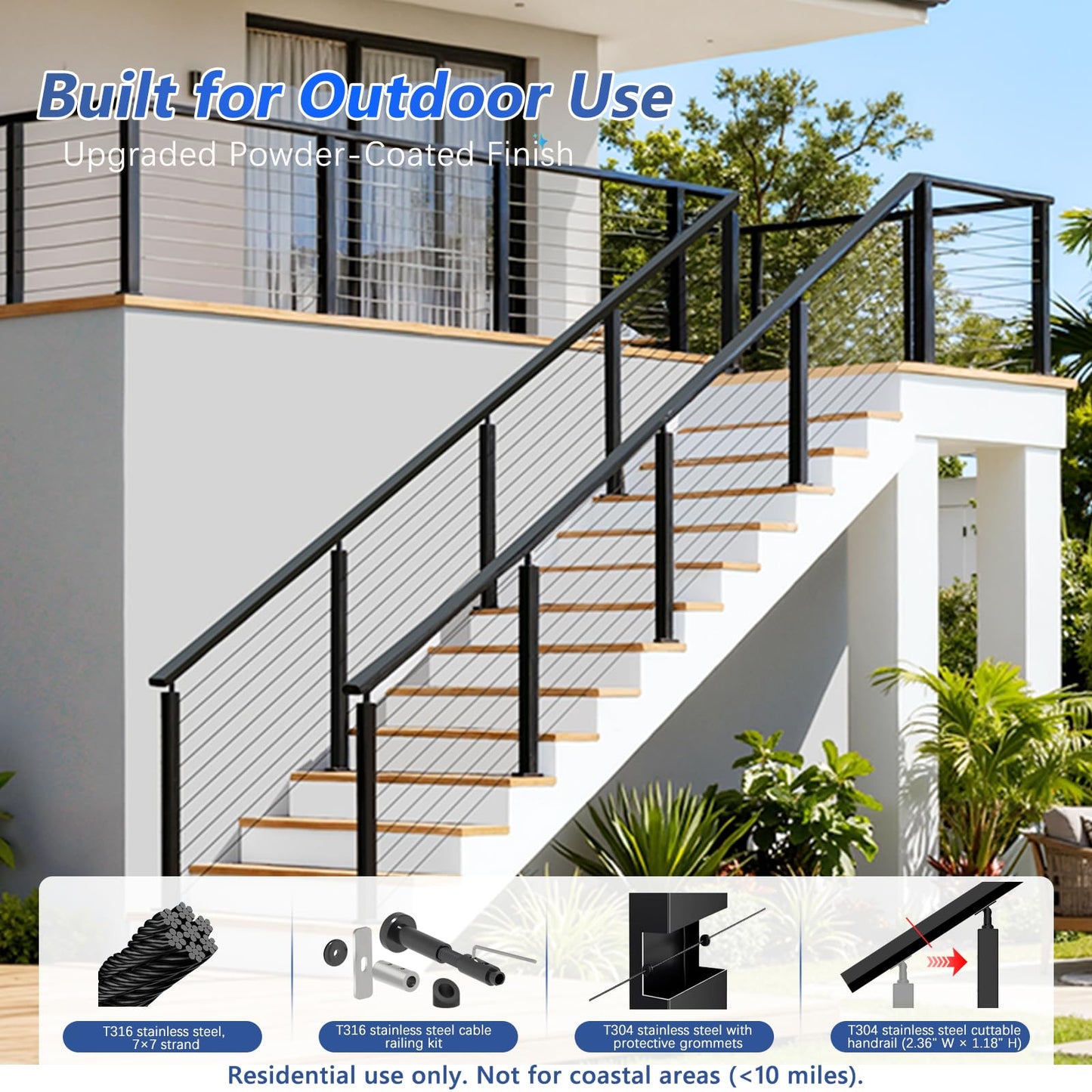 Zylorix 36" Swageless 2-4FT Black Complete Cable Railing System Post Kit with Handrail Cuttable, T304 Stainless Steel, Modular Pre-Cut 1/10" Cable Railing Kit with Stair Post for 28-38 Degree Stairway