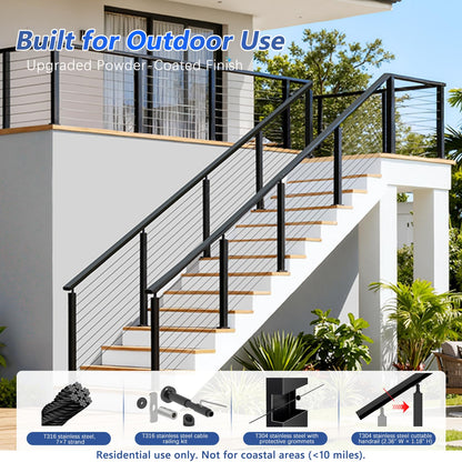 Zylorix 36" Swageless 2-4FT Black Complete Cable Railing System Post Kit with Handrail Cuttable, T304 Stainless Steel, Modular Pre-Cut 1/10" Cable Railing Kit with Stair Post for 28-38 Degree Stairway
