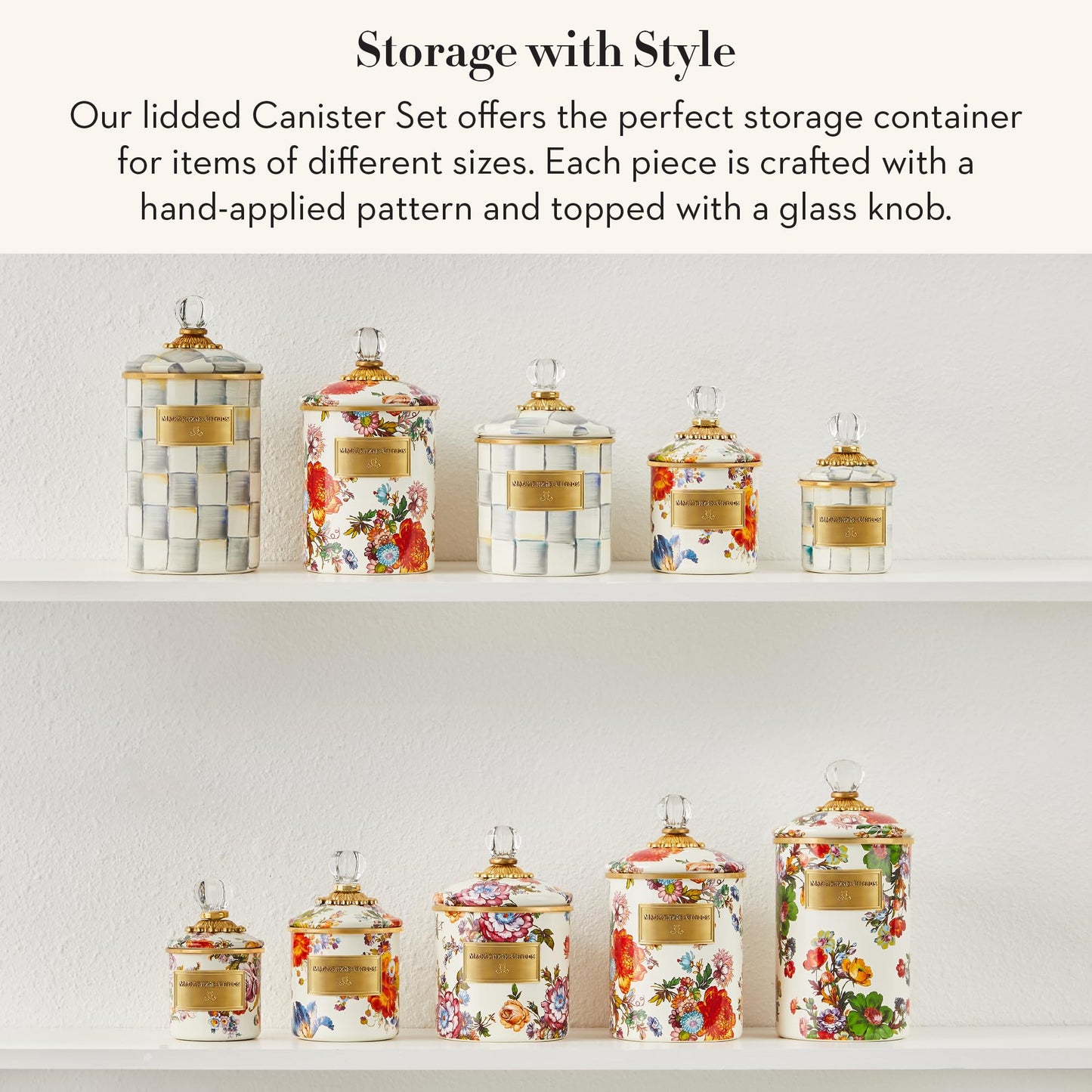 MACKENZIE-CHILDS Enamel Canister Set, Mini (14 oz.), Demi (24 oz.), and Small (38 oz.) Kitchen Containers, White Flower Market