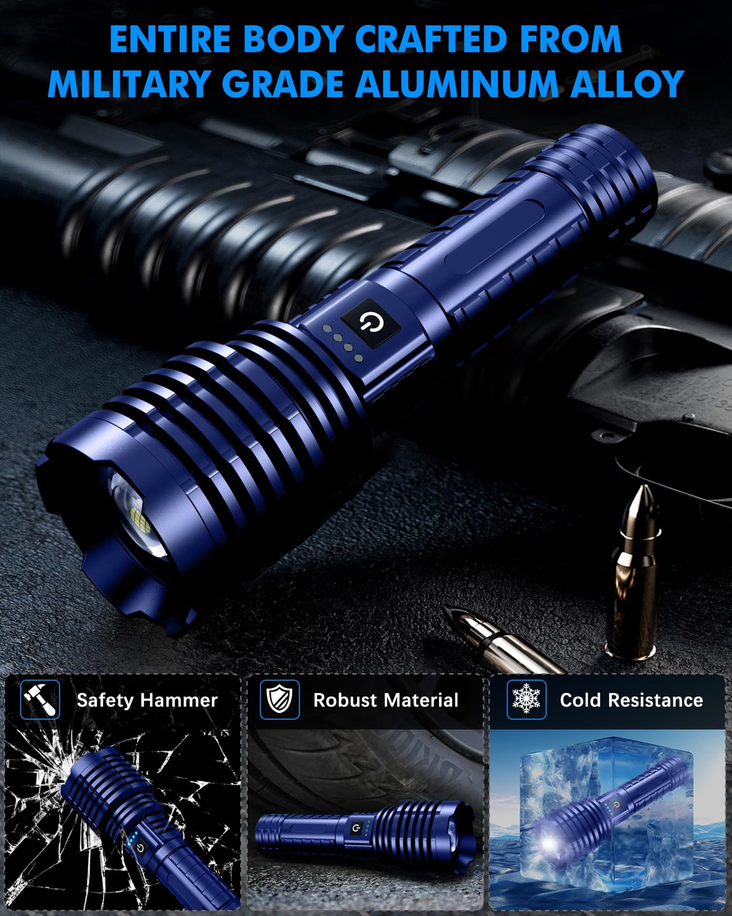 Grentay Black&Blue Rechargeable LED Flashlights High Lumens,Super Bright Flashlight with Input and Output Functions,10 Light Modes,Zoomable, IP67 Waterproof,Tactical Flashlight for Camping