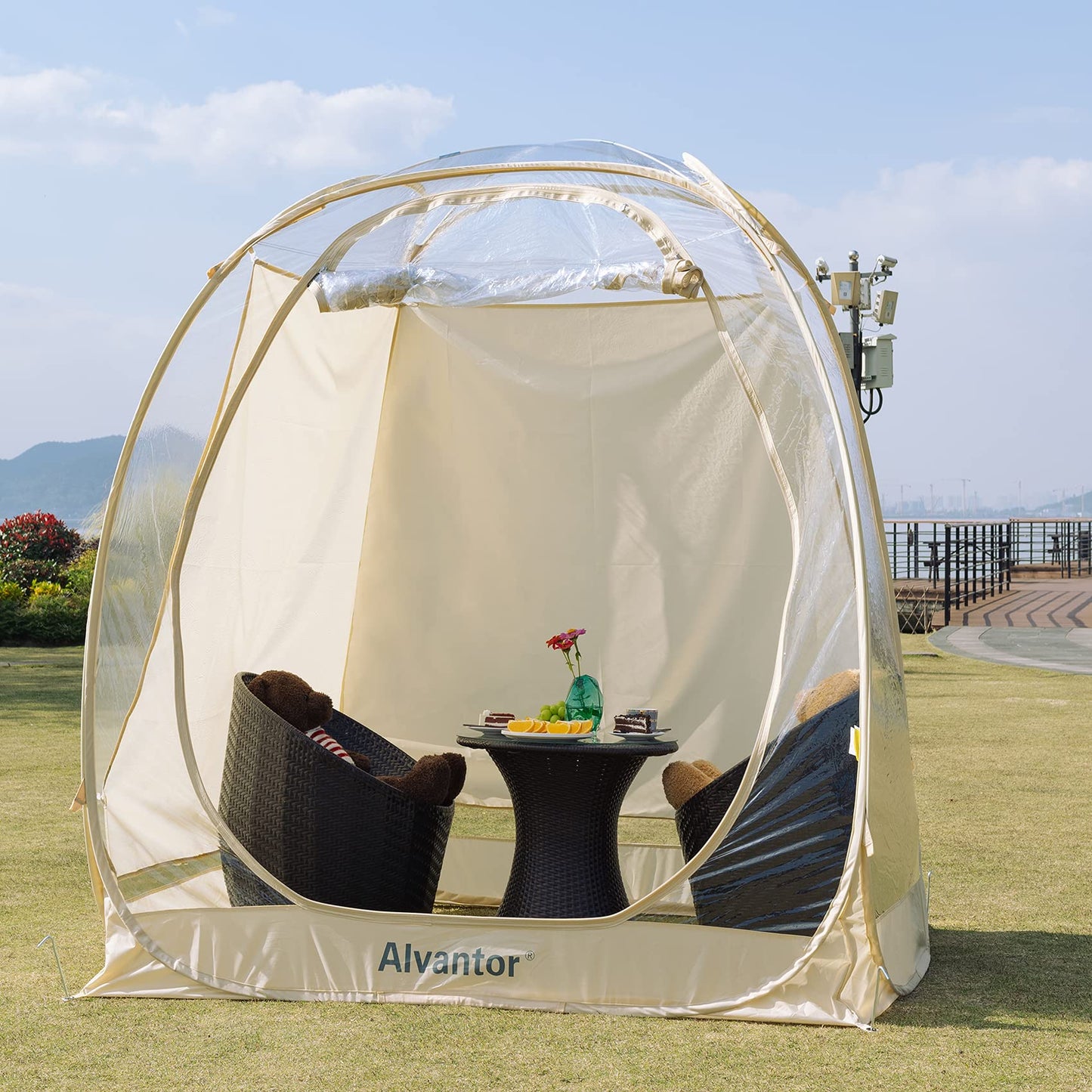 Alvantor Pop Up Bubble Tent - 6’ x 6’ Instant Igloo Tent - 2-3 Person Screen House for Patios - Large Oversize Weather Proof Pod - Cold Protection Camping Tent - Beige