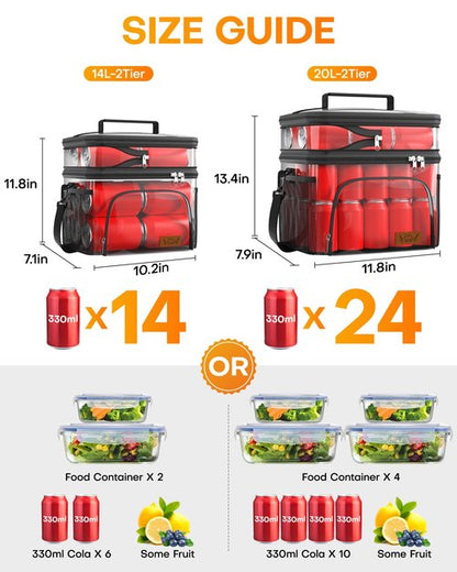 HOTOR Insulated Lunch Box for Men & Women - Leak-Proof Cooler Lunch Bag with 4 Pockets, Adjustable Strap, Ideal for Work, Picnic, Travel - Black, 2 Layers, Medium, 10.24"×7.09"×11.81"