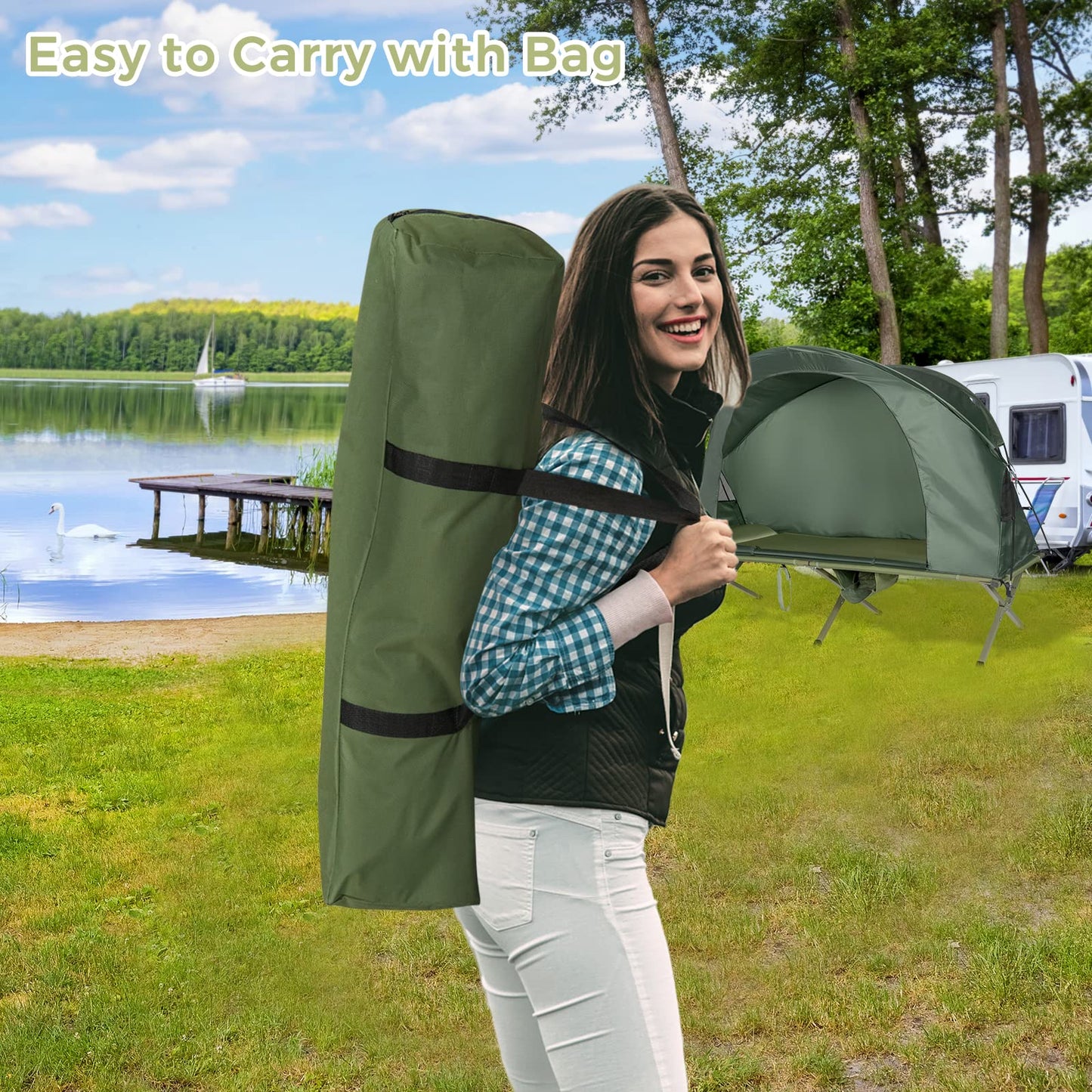Tangkula 4-in-1 Camping Cot Tent Set, Foldable Off Ground Elevated Tent for 1 Person, Portable with Waterproof External Cover, Air Mattress & Carrying Bag, Ideal for Outdoor Hiking, Camping