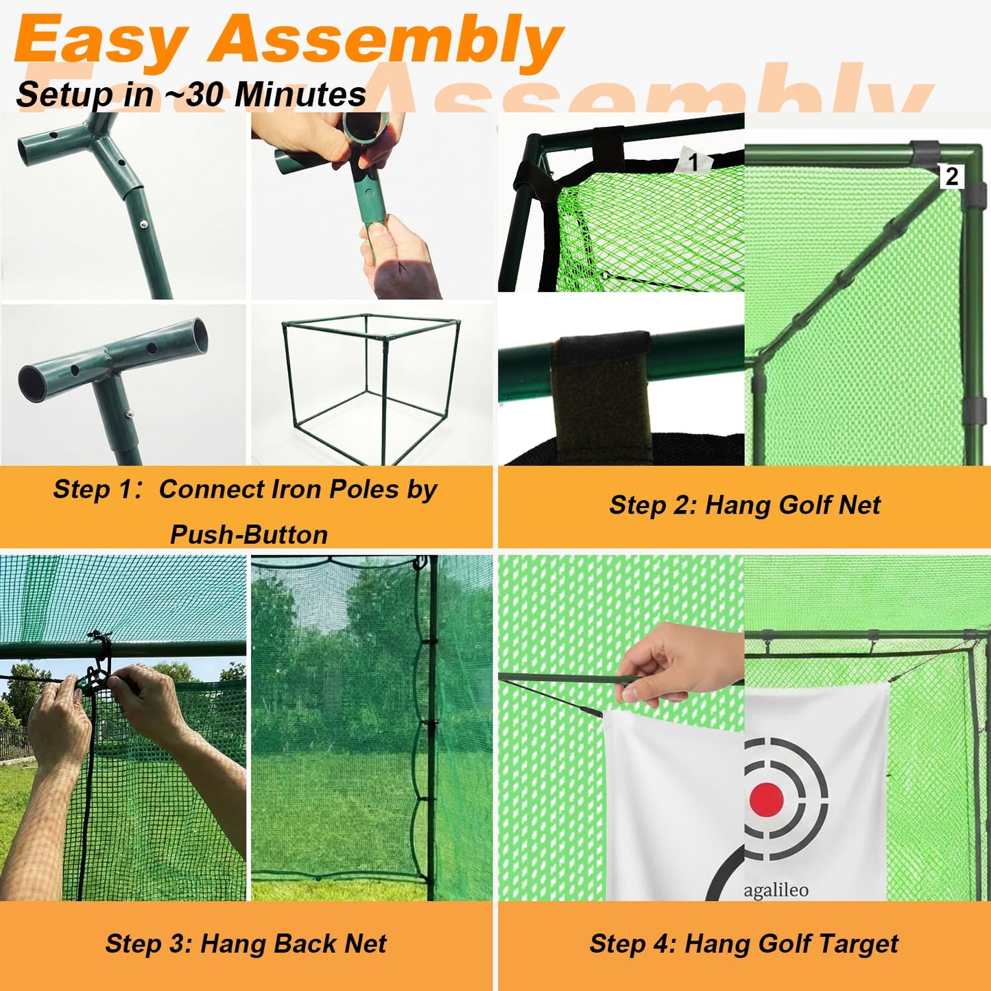 Gagalileo Golf Driving Cage Net: Heavy Duty 1 in Steel Frame - Noise Reduction Target for Backyard Garage Indoor Simulator - 10x10x10 FT High Density Hitting Swing Practice with Bottom