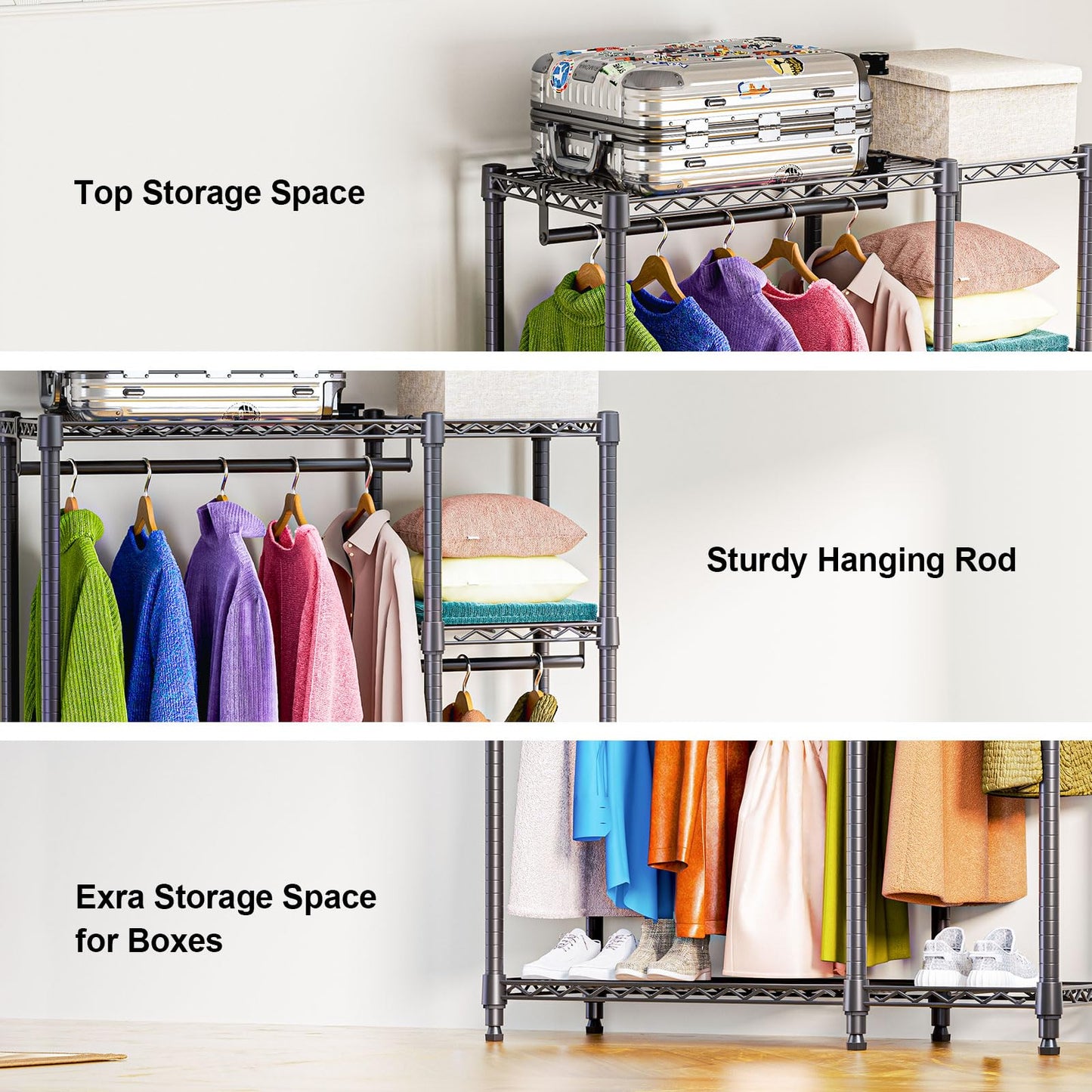 M MZG Heavy Duty Rolling Garment Rack 3 Tiers Adjustable Wire Shelving Clothes Rack with 3 Rods and Side Hooks,Storage Closet Clothing Rack Black 15.7" D x 43.3" W x 76.5" H