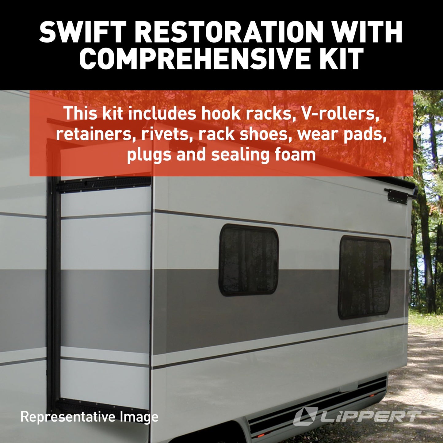 Lippert in-Wall Replacement Triple Rack Repair Kit for RV Slide-Out Systems with Hook Racks, V-Rollers, Retainers, Rivets, Rack Shoes, Wear Pads, Plugs, Sealing Foam, Float Side, Clear - 366161