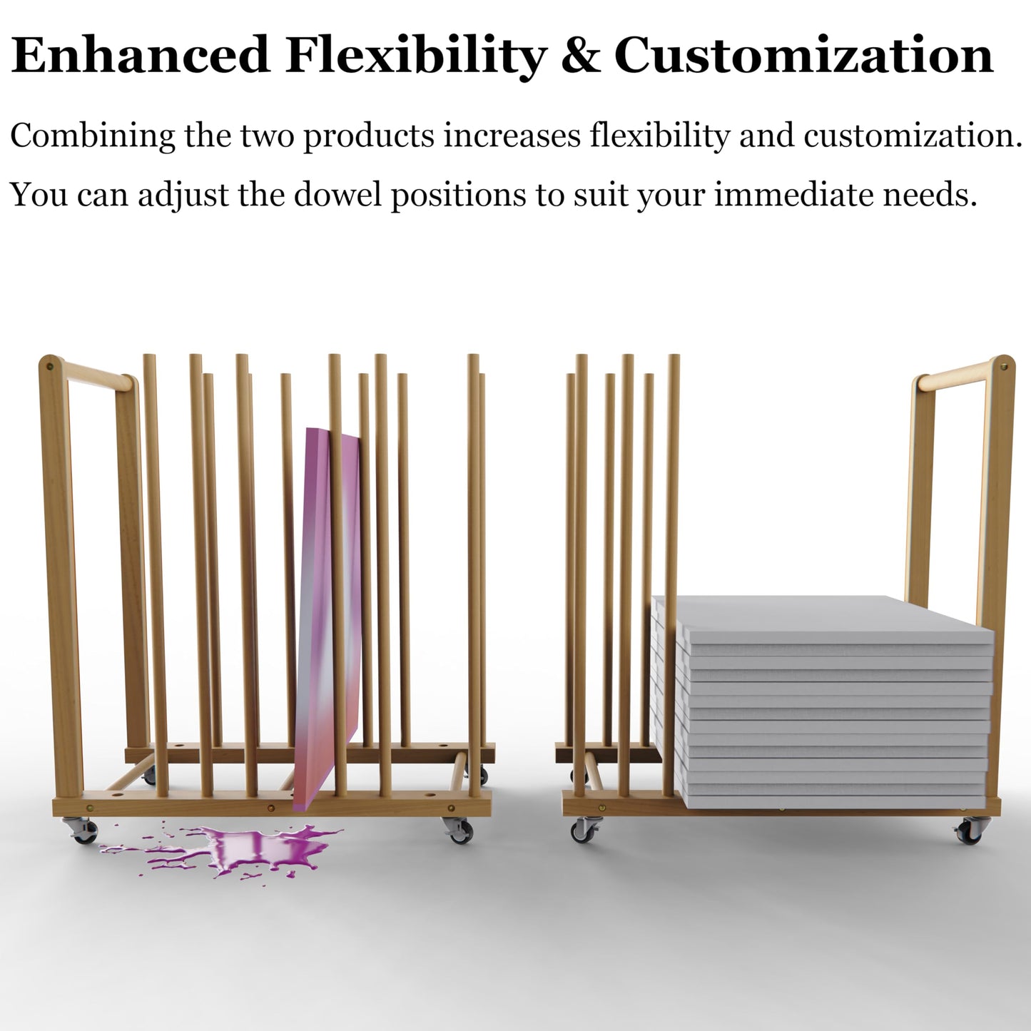 UNZERO Art Storage and Transport Cart with Dowels - Art Drying Rack with Wheels, Handle, and Adjustable Dividers