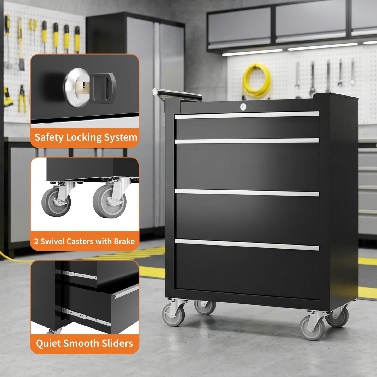 Rolling Tool Box with Wheels – 4 Drawer Heavy Duty Tool Chest Cabinet, Lockable Portable Storage Organizer with Drawer Liners, Mobile Mechanic Toolbox for Garage, Workshop, Shop, Easy Assembly, Black