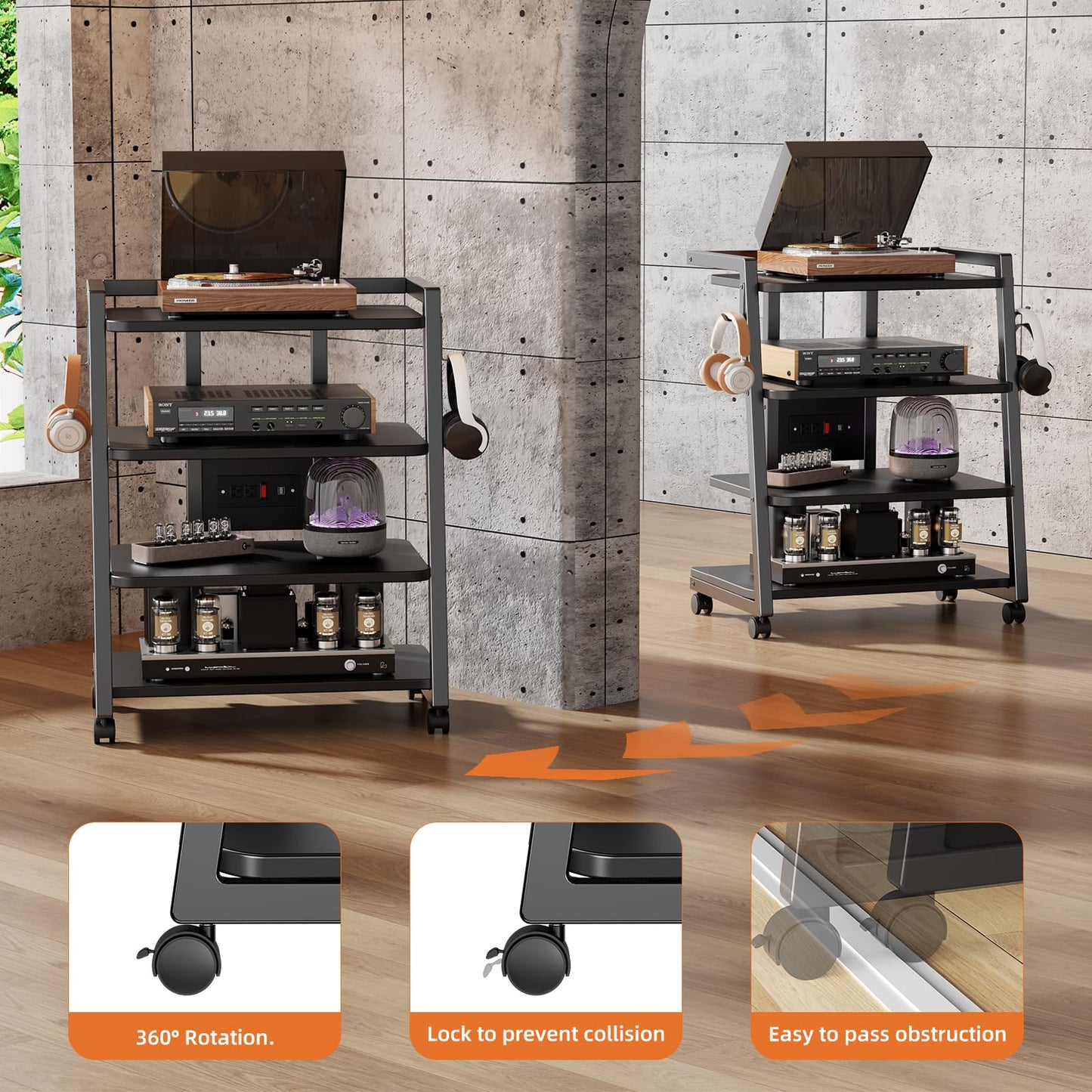 CABTE Mobile AV Media Stand with Outlets and 4 Rolling Caster Wheels, 4-Tier Rolling TV Stand for Gaming Console, Stereo, DVD Player, Sturdy Metal Frame, Versatile Living Room,Bedroom (Black)