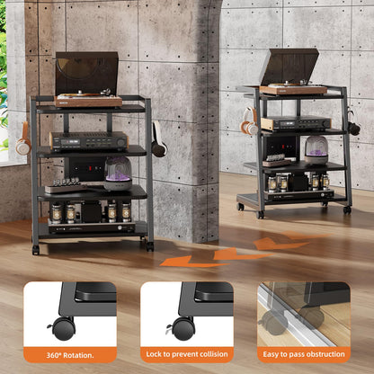 CABTE Mobile AV Media Stand with Outlets and 4 Rolling Caster Wheels, 4-Tier Rolling TV Stand for Gaming Console, Stereo, DVD Player, Sturdy Metal Frame, Versatile Living Room,Bedroom (Black)