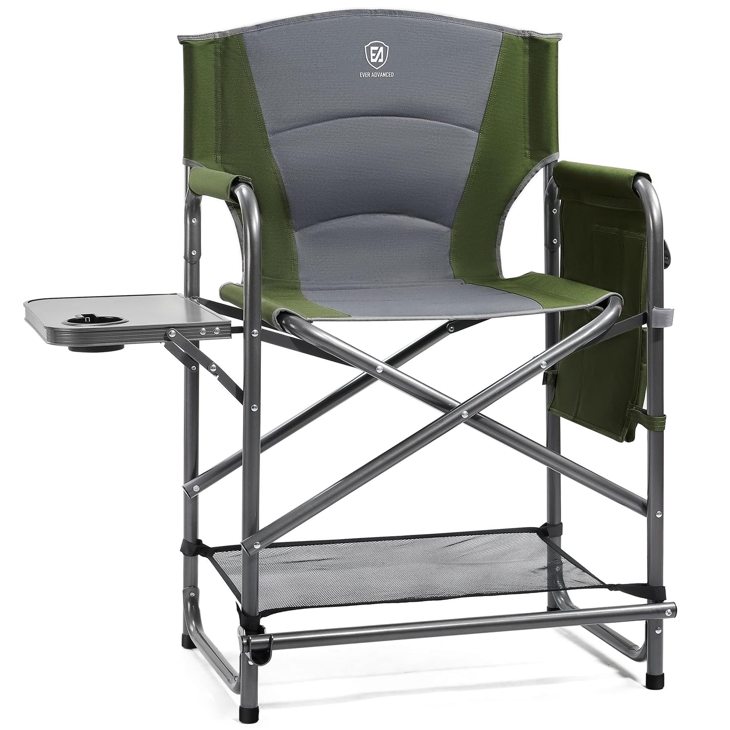 EVER ADVANCED Medium Tall Directors Chair Foldable Makeup Artist Chair Bar Height with Side Table Cup Holder and Pocket Footrest, Supports 400LBS (Green, Seat Height: 23.2 inches)
