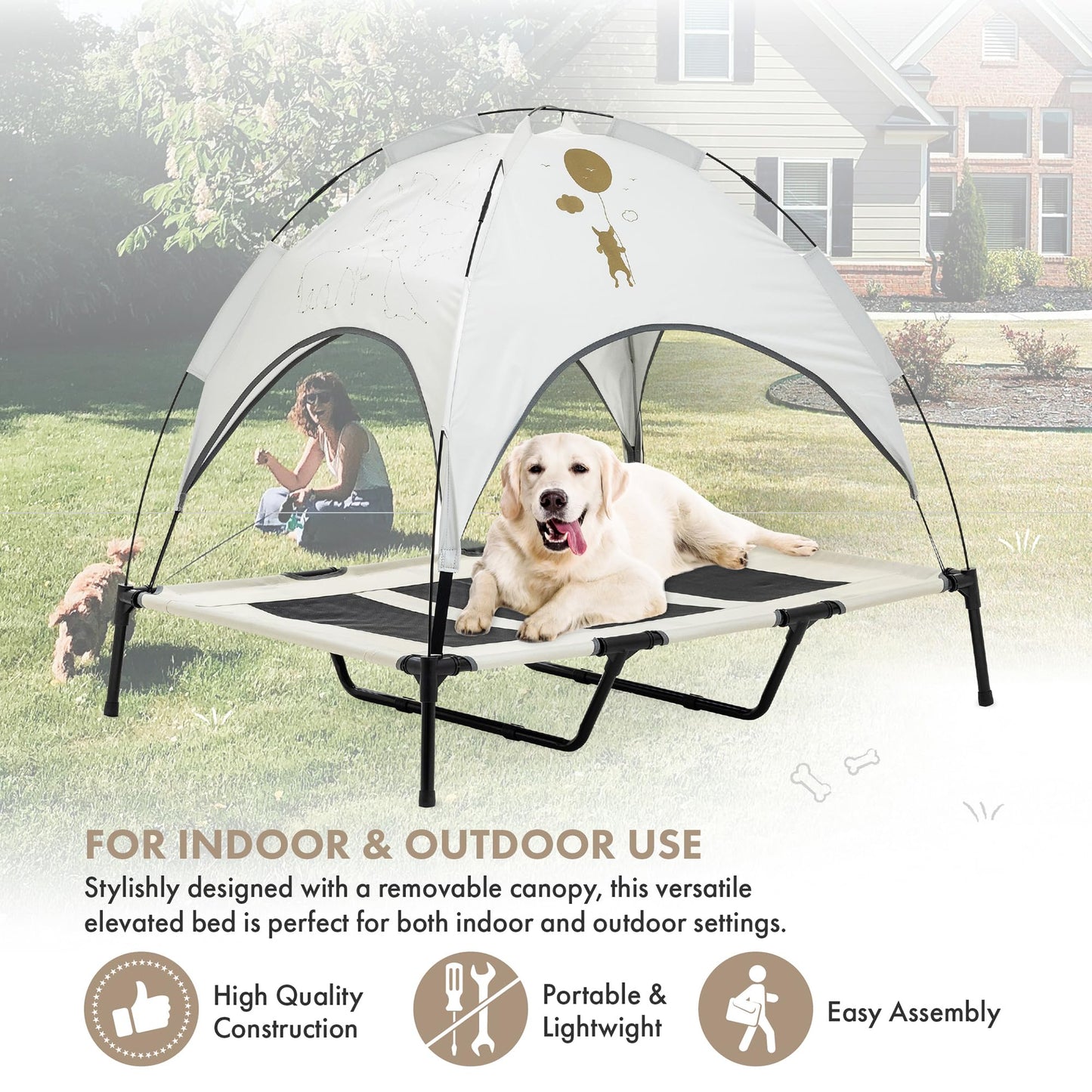 GrandTies Cooling Elevated Dog Bed with Canopy – XL Portable Pet Cot for Outdoor & Indoor Use – Waterproof Removable Shade, Breathable Mesh, Slip-Resistant Feet, Easy Assembly – Ivory White