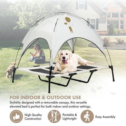 GrandTies Cooling Elevated Dog Bed with Canopy – XL Portable Pet Cot for Outdoor & Indoor Use – Waterproof Removable Shade, Breathable Mesh, Slip-Resistant Feet, Easy Assembly – Ivory White