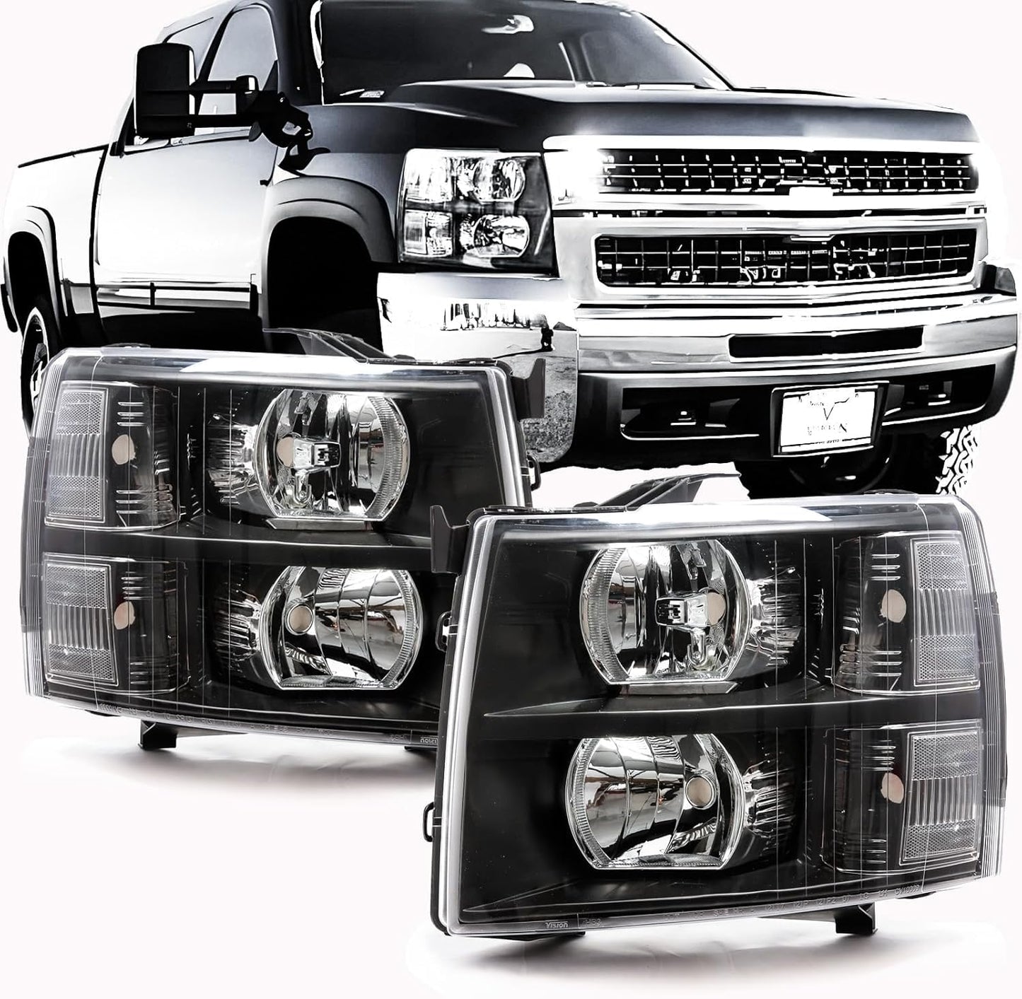 ISHARINGAUTOPARTS Headlight Assembly Compatible with 2007-2013 Chevy Silverado 1500, for 2007-2014 Silverado 2500 3500 2500HD 3500HD Replacement Headlamp Black Housing Clear Reflector