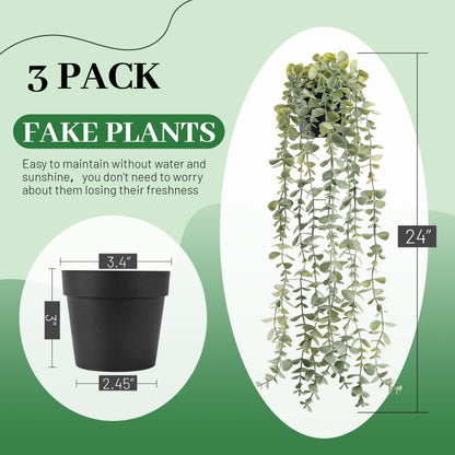 Der Rose 3Pcs Fake Plants Hanging Artificial Decor Faux Potted Eucalyptus Plants for Boho Bathroom Home Office Desk Wall Shelf Bookcase Accessories Decor Indoor