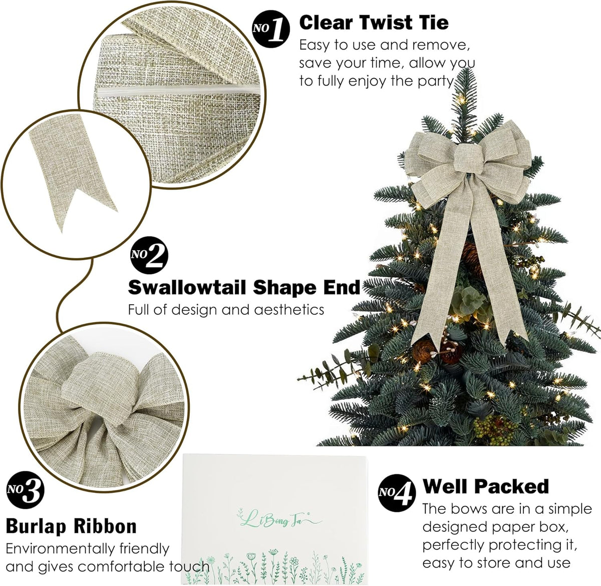Skiennix 13" Burlap Wired Ribbon Bow | Rustic Christmas Tree Topper & Party Decoration - Large Gift Bow