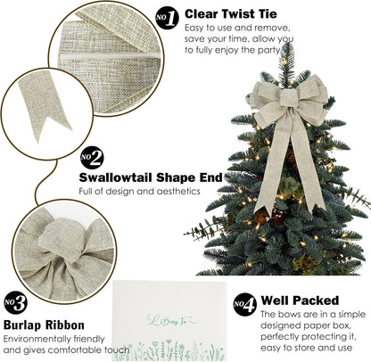 Skiennix 13" Burlap Wired Ribbon Bow | Rustic Christmas Tree Topper & Party Decoration - Large Gift Bow