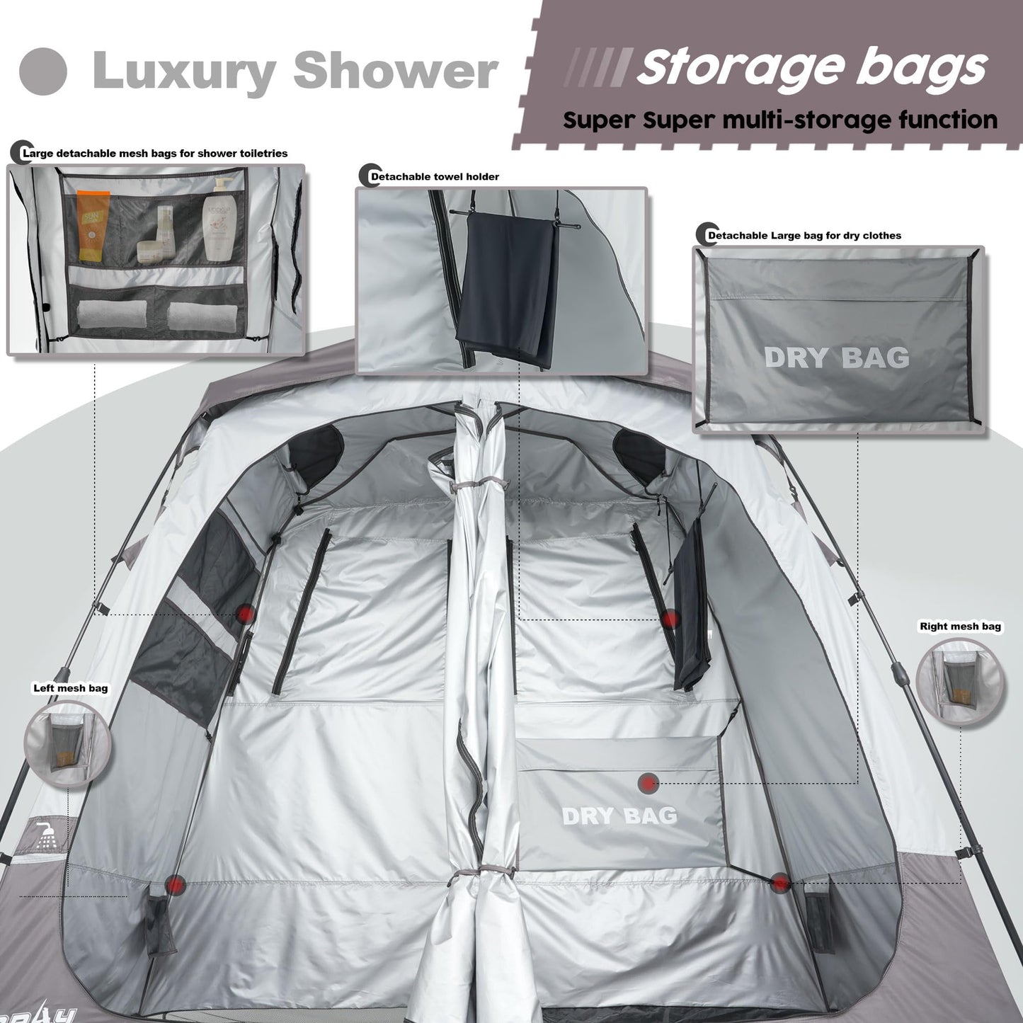 Porayhut Portable Camping Shower Tent Deluxe Changing Room Easy Set Up Privacy Shelter,Large Toilet Tent with Floor Drain Design for Beach, Camping,Hiking with 2 Rooms,Stakes and Ropes for Stability