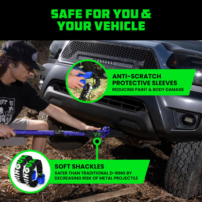 Rhino USA Kinetic Rope Recovery Kit (7/8in x 30ft) - Heavy Duty Offroad Snatch Strap - Includes 2 Soft Shackle for UTV, ATV, Truck, Car, Jeep, Tractor