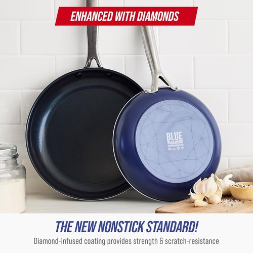 Blue Diamond Frying Pan Skillet Set - 9.5” & 11" Nonstick Ceramic, PFAS-Free, Durable & Scratch Resistant, Blue